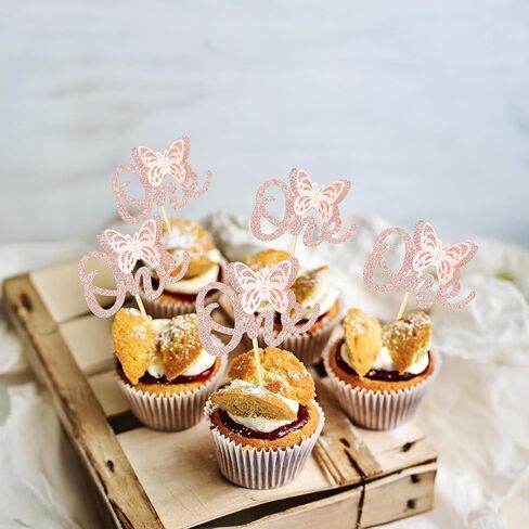 24 Pack Butterfly 1st Birthday Cupcake Toppers Glitter One Cupcake Picks for Baby Shower Kids Birthday Anniversary Party Cake Decorations Supplies Rose Gold in Saudi Arabia