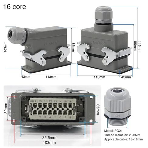 Rectangular Heavy Duty Connector HDC-H1- HE - 016 16 Pins 16A 500V Screw Feet of Aviation On The Side 1Pcs(Top line) in Saudi Arabia