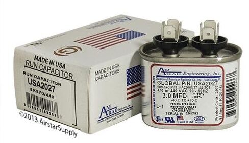 3 uf / Mfd Oval Universal Capacitor Replacement Amrad USA2027 Replacement - for 370 or 440 VAC Applications , Made in the U.S.A. in Saudi Arabia