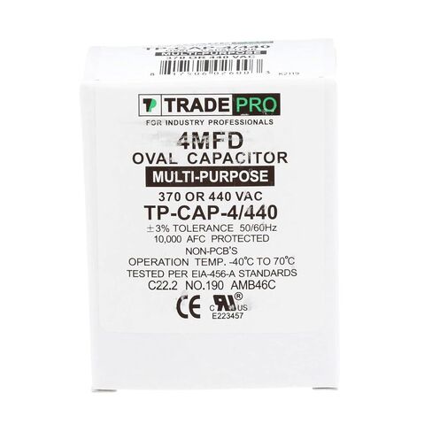 (TP-CAP-4/440) 4 MFD (Microfarads) 440 Volt Oval Single Run Capacitor | 60,000 Hour Operating Life, Aluminum Composition, -40°F to 158°F (-40°C to 70°C) Temperature Range in Saudi Arabia