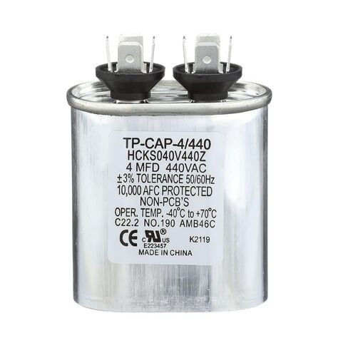 (TP-CAP-4/440) 4 MFD (Microfarads) 440 Volt Oval Single Run Capacitor | 60,000 Hour Operating Life, Aluminum Composition, -40°F to 158°F (-40°C to 70°C) Temperature Range in Saudi Arabia