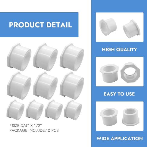 3/4 × 1/2 بوصة PVC تقليل البطانة 10 قطع تركيب الأنابيب البيضاء مقبس محول × وصلة مقبس جدول بلاستيكي 40 أنبوب مخفض بوش للسباكة المنزلية وحمام السباحة والاستخدام الصناعي in Kuwait