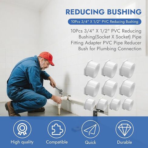 3/4 × 1/2 بوصة PVC تقليل البطانة 10 قطع تركيب الأنابيب البيضاء مقبس محول × وصلة مقبس جدول بلاستيكي 40 أنبوب مخفض بوش للسباكة المنزلية وحمام السباحة والاستخدام الصناعي in Kuwait