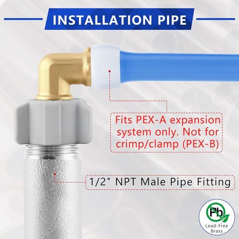 (4 عبوات YVSKM) 1/2 بوصة PEX-A × 1/2 بوصة كوع دوار أنثى NPT، تركيب توسيع التدفق الكامل من النحاس الخالي من الرصاص، محول الكوع ASTM F1960,90° PEX-A لنظام التوسيع، موصلات السباكة وإمدادات المياه in Kuwait
