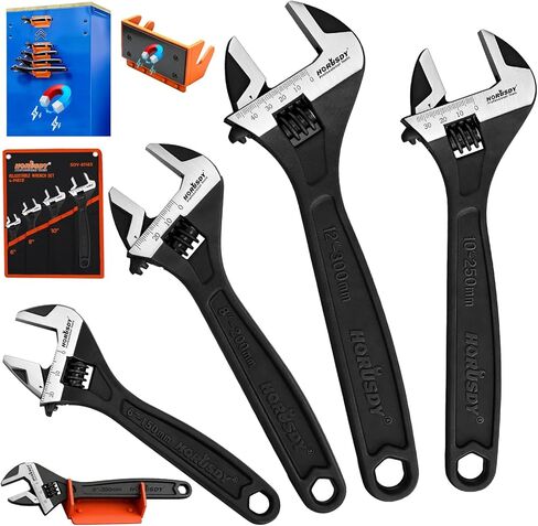 HORUSDY 4-Piece Adjustable Wrench Set With 4-Piece Magnetic Wrench Organizer Racks, 6" 8" 10" Wide Jaw Black Oxide Wrenches with Tool Roll Pouch, Metric&SAE Scales, CR-V Steel for Home Garage Workshop in Saudi Arabia