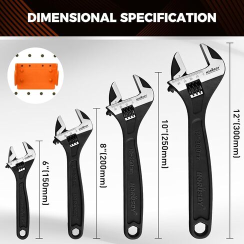 HORUSDY 4-Piece Adjustable Wrench Set With 4-Piece Magnetic Wrench Organizer Racks, 6" 8" 10" Wide Jaw Black Oxide Wrenches with Tool Roll Pouch, Metric&SAE Scales, CR-V Steel for Home Garage Workshop in Saudi Arabia