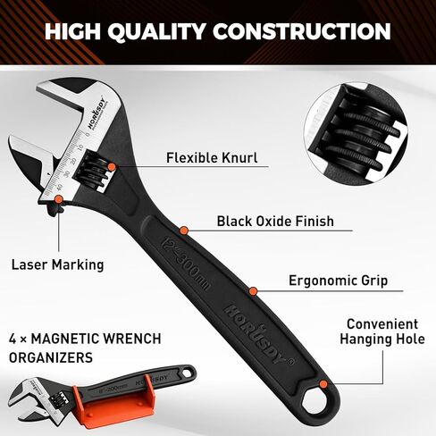 HORUSDY 4-Piece Adjustable Wrench Set With 4-Piece Magnetic Wrench Organizer Racks, 6" 8" 10" Wide Jaw Black Oxide Wrenches with Tool Roll Pouch, Metric&SAE Scales, CR-V Steel for Home Garage Workshop in Saudi Arabia