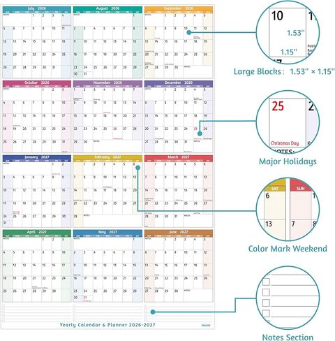 2026 Yearly Wall Calendar - Large Yearly Calendar 2026, Jan 2026 - Dec 2026, 25.2'' x 38.2'' (Open), 2026 Calendar 12 Months, Yearly Wall Calendar 2026 with To-do Lists, Notes, Stickers, All At One Page in Saudi Arabia