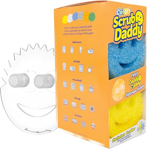 Scrub Daddy Scrub Mommy Sponges 6ct + Daddy Caddy - إسفنجة أطباق متعددة الأغراض خالية من الخدش + حامل إسفنجة - خالية من مادة BPA ومصنوعة من رغوة البوليمر - إسفنجة مطبخ مقاومة للبقع والرائحة in Kuwait