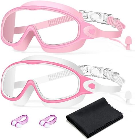 Swim Goggles 2 Pack Anti-Fog Anti-UV Wide View No Leakage Swimming Goggles for Kids 3-15 with Earplugs in Kuwait