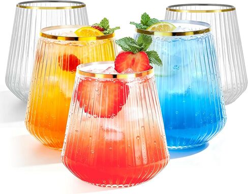 BESTSTAR 36 Pcs 12 oz Plastic Clear Ribbed Wine Glasses, Origami Ripple Disposable Champagne Glasses Elegant Whiskey Glasses Ideal for Weddings, Bars, Christmas, Halloween, Pool Party, Daily Use in Saudi Arabia