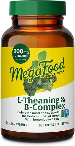 مركب MegaFood L-Theanine وفيتامين B مع نباتي B12 وB6 وحمض الفوليك والبيوتين والمزيد - 200 مجم L-مكمل الثيانين - فيتامينات B المركبة للنساء والرجال - بالإضافة إلى بلسم الليمون والزنك - 60 قرصًا، 30 وجبة in Kuwait
