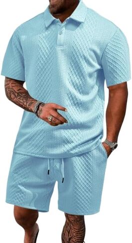 Men's waffle T-shirt shorts two-piece set, casual jacquard sports polo shirt shorts set with pockets in Kuwait