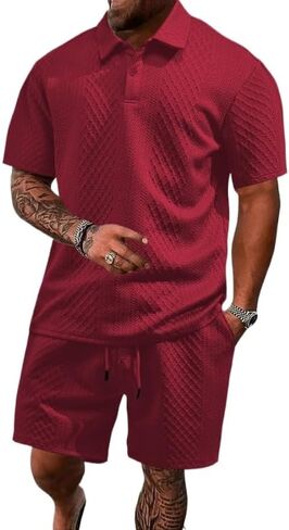 Men's waffle T-shirt shorts two-piece set, casual jacquard sports polo shirt shorts set with pockets in Kuwait