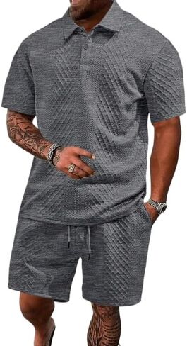 Men's waffle T-shirt shorts two-piece set, casual jacquard sports polo shirt shorts set with pockets in Kuwait