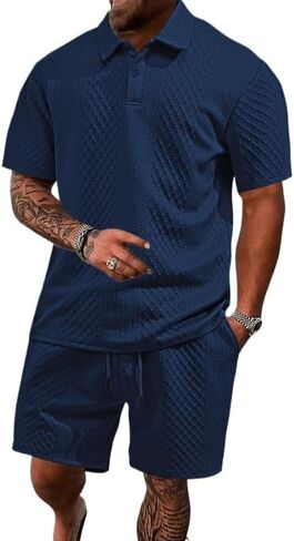 Men's waffle T-shirt shorts two-piece set, casual jacquard sports polo shirt shorts set with pockets in Kuwait