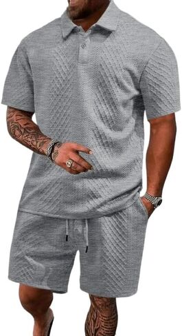 Men's waffle T-shirt shorts two-piece set, casual jacquard sports polo shirt shorts set with pockets in Kuwait