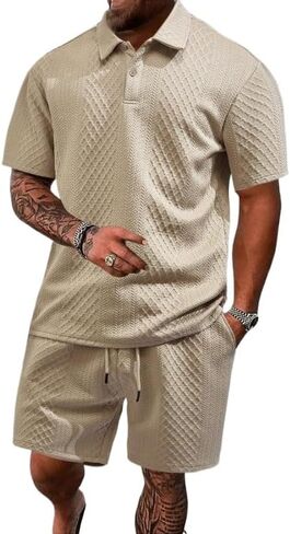 Men's waffle T-shirt shorts two-piece set, casual jacquard sports polo shirt shorts set with pockets in Kuwait