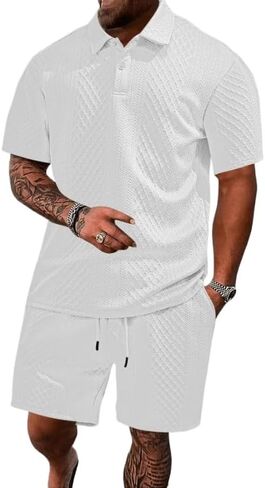 Men's waffle T-shirt shorts two-piece set, casual jacquard sports polo shirt shorts set with pockets in Kuwait