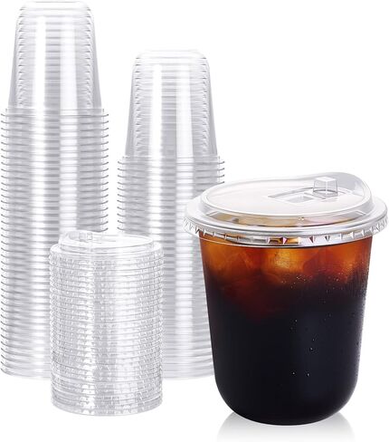 Turbo Bee 100 Pack - 16 oz Round Bottom Clear Plastic Cups with Strawless Sip - Lids, Disposable To Go Coffee Cups with Sippy Lids for Iced Coffee, Cold Drinks and Beverages in Saudi Arabia