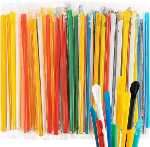 RAINFLOW 60 PCS Snow Cone Spoon Straws - Slushie Straws with Spoon Plastic Disposable Individually Wrapped Colorful for Smoothie Milkshake Snow Cone Cups in Saudi Arabia