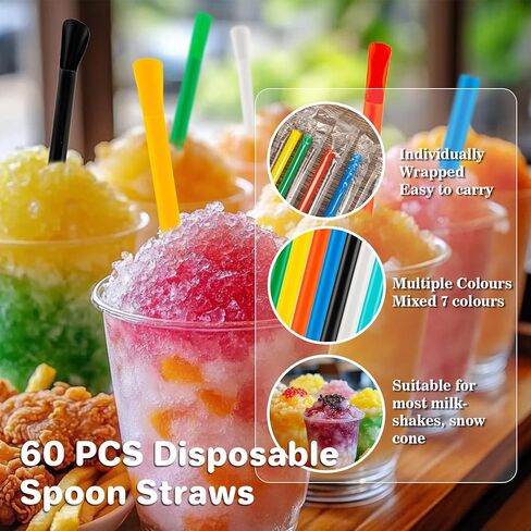 RAINFLOW 60 PCS Snow Cone Spoon Straws - Slushie Straws with Spoon Plastic Disposable Individually Wrapped Colorful for Smoothie Milkshake Snow Cone Cups in Saudi Arabia