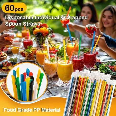RAINFLOW 60 PCS Snow Cone Spoon Straws - Slushie Straws with Spoon Plastic Disposable Individually Wrapped Colorful for Smoothie Milkshake Snow Cone Cups in Saudi Arabia