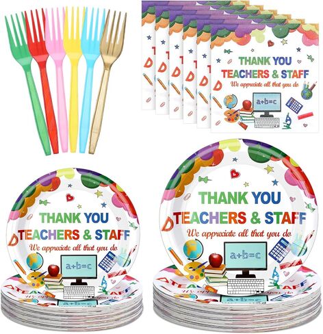 96 Pcs Teacher Appreciation Week Supplies Thank You Teacher and Staff Tableware for 24 Guest Disposable Plate Napkin Fork for 2026 Teacher's Day Graduation End of Year Party Supplies(White,Classic) in Saudi Arabia