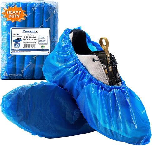 ProtectX Heavy Duty Disposable Shoe Covers Waterproof Non-Slip, Extra Large 17.7"x6.7", Thick 0.3 Oz Blue CPE Booties Cover, Fit up to Men's 14 US Size, 50 Packs, 25 Pairs in Kuwait