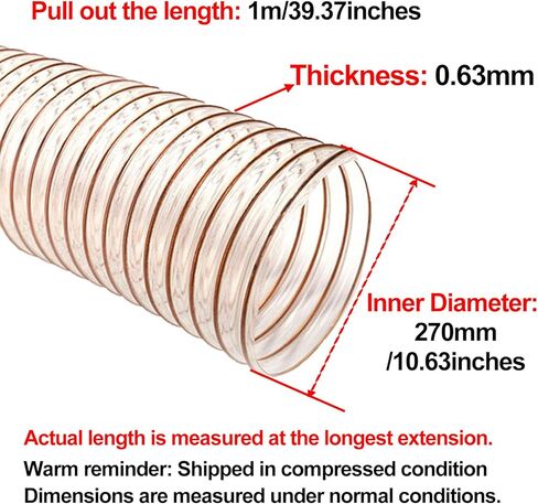 PU Polyurethane Ducting Flexible 1M Hose Wall Thickness 0.63MM Air Duct Excellent Resilience Telescopic Tube with Copper-Plated Steel Wire,Inner Diameter 270MM in Saudi Arabia
