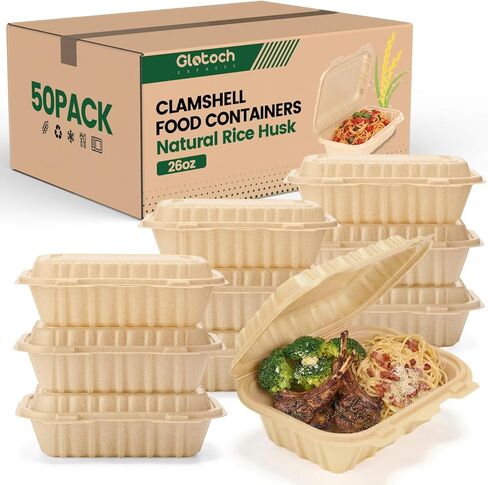 Clamshell Food Containers with Lids, 50 Pack-26oz Take Out Boxes 8x6 Disposable Meal Prep Containers Durable To Go Containers for Pasta Salad Sandwich Made of Natural Rice Husk Microwave Freezer Safe in Saudi Arabia