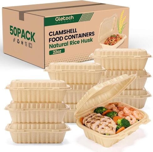 Clamshell Food Containers with Lids, 50 Pack-26oz Take Out Boxes 8x6 Disposable Meal Prep Containers Durable To Go Containers for Pasta Salad Sandwich Made of Natural Rice Husk Microwave Freezer Safe in Saudi Arabia