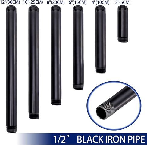 Litoexpe 1/2" × 2" Black Painted Iron Pipe 10 Pcs, Paint Finish Threaded Metal Pipe Nipple for DIY Steampunk Industrial Vintage Style, Furniture, Shelving Decoration in Saudi Arabia