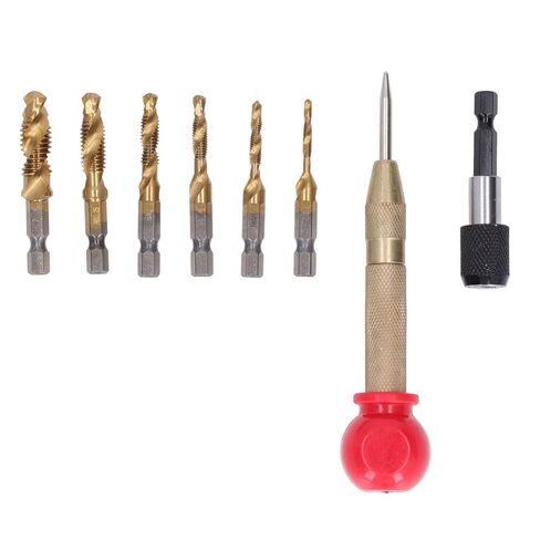 8PCS Drill Tap Set, Metric Combination Drill Tap Bit Set with Hex Shank, HSS Ti Coated for Wood Copper Aluminum Iron, Includes Quick Release Lever and Punch in Saudi Arabia