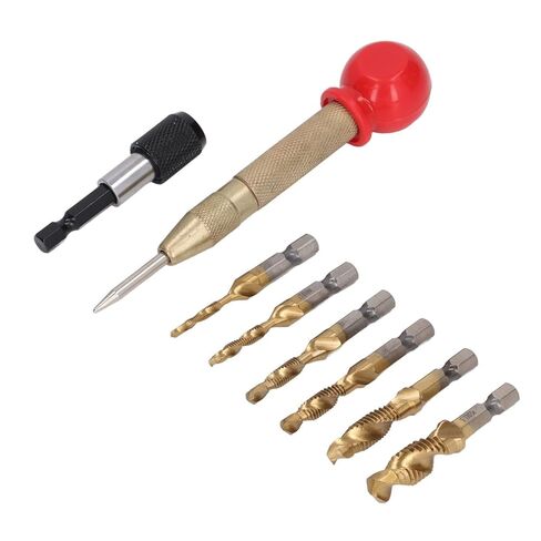 8PCS Drill Tap Set, Metric Combination Drill Tap Bit Set with Hex Shank, HSS Ti Coated for Wood Copper Aluminum Iron, Includes Quick Release Lever and Punch in Saudi Arabia