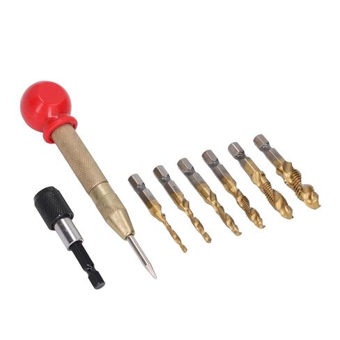 8PCS Drill Tap Set, Metric Combination Drill Tap Bit Set with Hex Shank, HSS Ti Coated for Wood Copper Aluminum Iron, Includes Quick Release Lever and Punch in Saudi Arabia