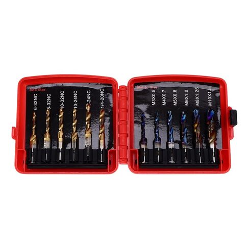 Combined Tap Drill Bit Set | 12Pcs HSS Metric Blue & Imperial Ti Plated | 1 / 4in Hex Shank for Drilling & Tapping | Saves Time on Soft Metals/Aluminum/Iron in Saudi Arabia