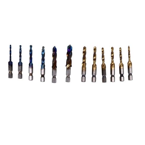 Combined Tap Drill Bit Set | 12Pcs HSS Metric Blue & Imperial Ti Plated | 1 / 4in Hex Shank for Drilling & Tapping | Saves Time on Soft Metals/Aluminum/Iron in Saudi Arabia
