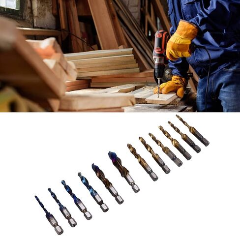 Combined Tap Drill Bit Set | 12Pcs HSS Metric Blue & Imperial Ti Plated | 1 / 4in Hex Shank for Drilling & Tapping | Saves Time on Soft Metals/Aluminum/Iron in Saudi Arabia