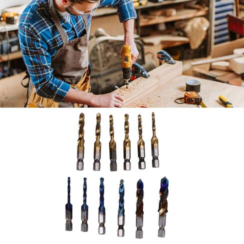Combined Tap Drill Bit Set | 12Pcs HSS Metric Blue & Imperial Ti Plated | 1 / 4in Hex Shank for Drilling & Tapping | Saves Time on Soft Metals/Aluminum/Iron in Saudi Arabia