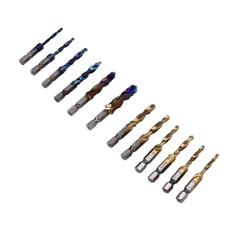 Combined Tap Drill Bit Set | 12Pcs HSS Metric Blue & Imperial Ti Plated | 1 / 4in Hex Shank for Drilling & Tapping | Saves Time on Soft Metals/Aluminum/Iron in Saudi Arabia