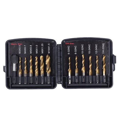 13Pcs Combination Drill Tap Set, High Speed Steel Plated Hex Shank Taps with for Metal Plastic, Metric and Imperial Sizes for DIY and Workshop Use in Saudi Arabia