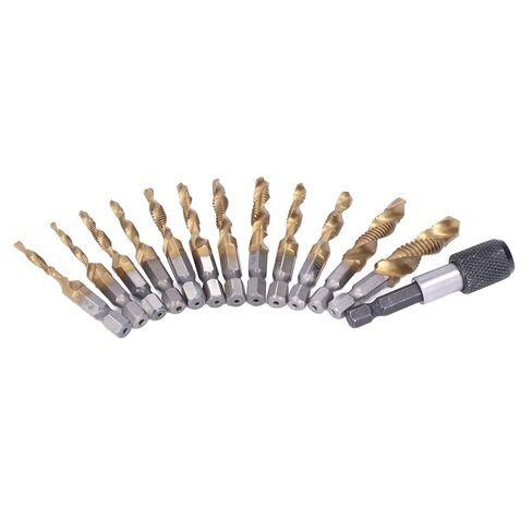 13Pcs Combination Drill Tap Set, High Speed Steel Plated Hex Shank Taps with for Metal Plastic, Metric and Imperial Sizes for DIY and Workshop Use in Saudi Arabia