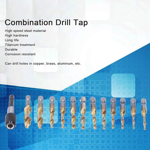 13Pcs Combination Drill Tap Set, High Speed Steel Plated Hex Shank Taps with for Metal Plastic, Metric and Imperial Sizes for DIY and Workshop Use in Saudi Arabia