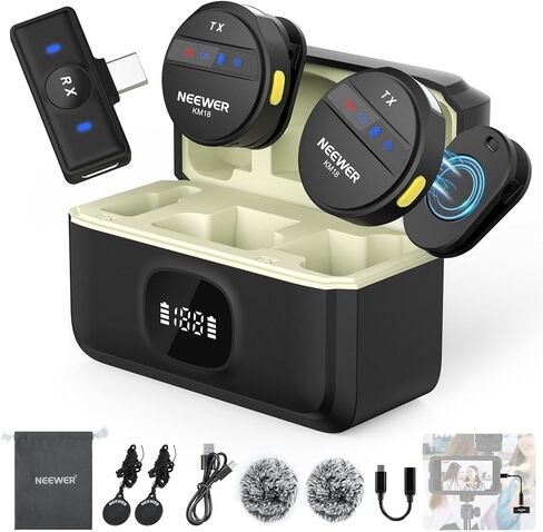 NEEWER Wireless Lavalier Microphone for iPhone Noise Cancelling Mini Lapel Mic Set with USB C/OTG/Charging Case 24H Battery Video Vlog Compatible with iPhone 16 15 Android Phone PC Laptop, KM18 in Kuwait