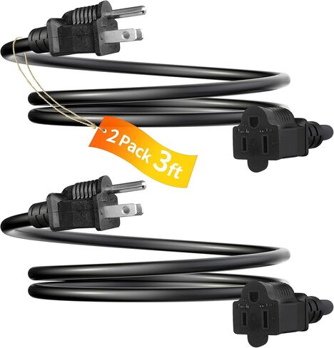 2 Pack 3FT Extension Cord 3 Prong 16 Gauge AWG Heavy Duty Power Cord, NEMA 5-15P to NEMA 5-15R ETL Listed, 3 Feet Power Cable for Home Office Indoor and Outdoor Use in Saudi Arabia
