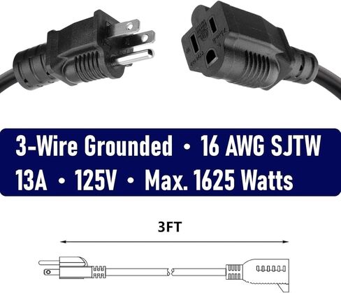 2 Pack 3FT Extension Cord 3 Prong 16 Gauge AWG Heavy Duty Power Cord, NEMA 5-15P to NEMA 5-15R ETL Listed, 3 Feet Power Cable for Home Office Indoor and Outdoor Use in Saudi Arabia