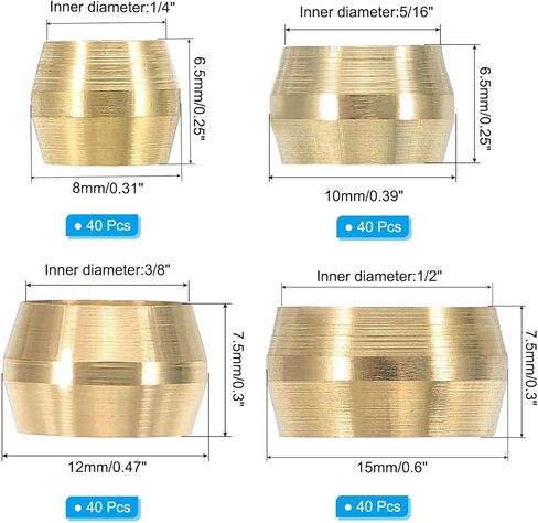 PATIKIL 160Pcs Brass Compression Sleeves Ferrules, Tube OD 1/4" 5/16" 3/8" 1/2" Compression Fittings Assortment Kit for Connecting Air, Fuel, Water, Oil and Inert Gases Lines in Saudi Arabia