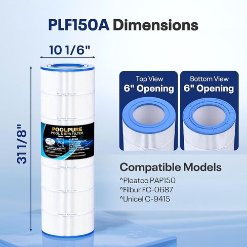 POOLPURE PLF150A Pool Filter Replaces Pentair CC150, CCRP150, PAP150, Ultral-C4, PP-C4, PP-C4-M, Unicel C-9415, R173216, 59054300, Filbur FC-0687, 160317, 160355, 160352, L x OD: 31 1/8" x10 1/16" in Kuwait