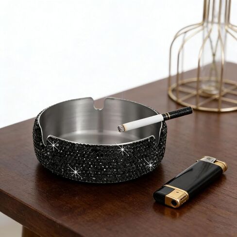 Luxury Rhinestone Stainless Steel Ashtray,Decorative Metal Tabletop Ashtray for Indoor Smokers,Modern Easy Clean Home Office Desk Ash Tray,Elegant Smoking Accessories Gift for Men(Pink) in Saudi Arabia